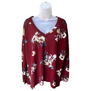 Papermoon Long Sleeve Oversized Floral Waffle Knit V Neck Thermal Top Sz Large